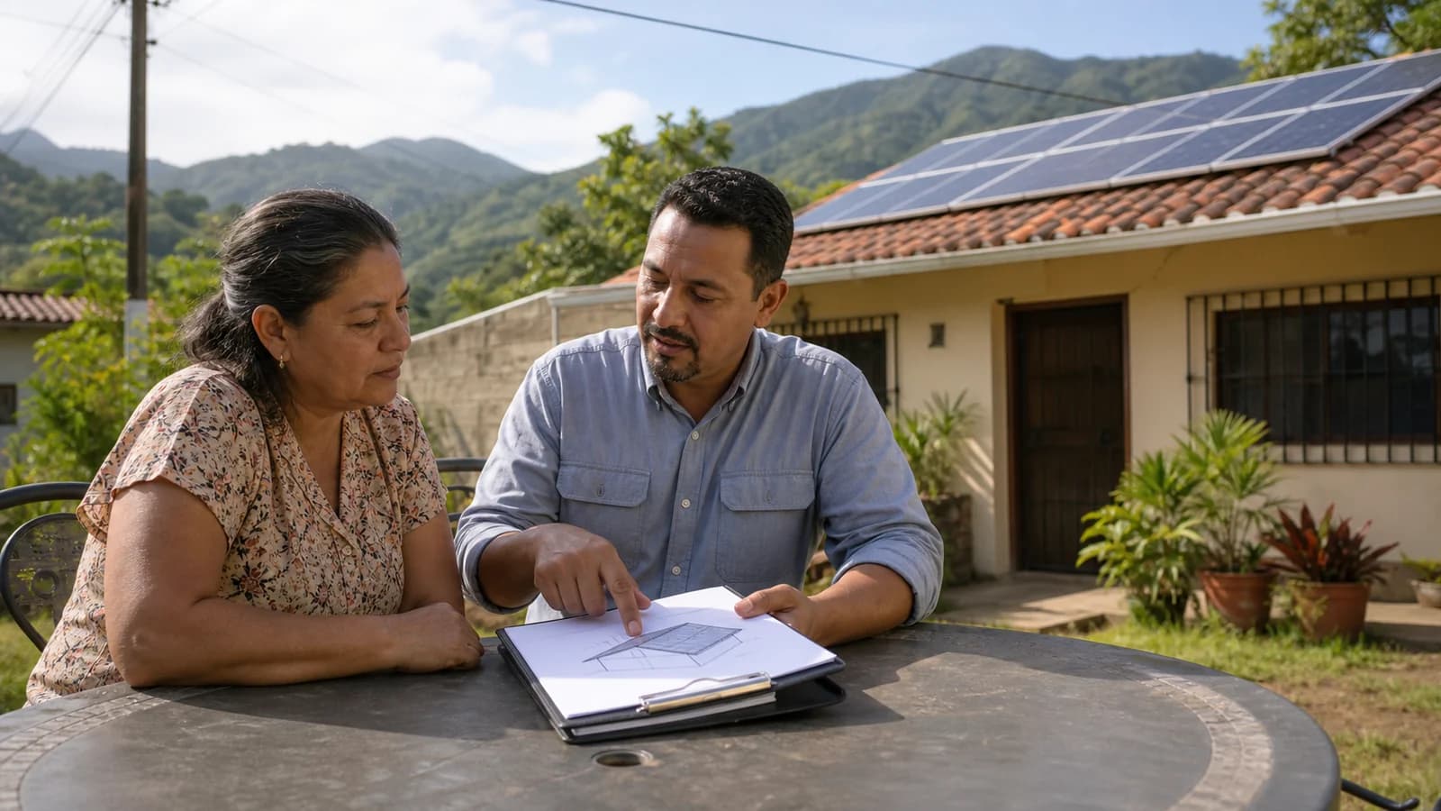 Propietaria hondureña revisando una propuesta solar con un asesor