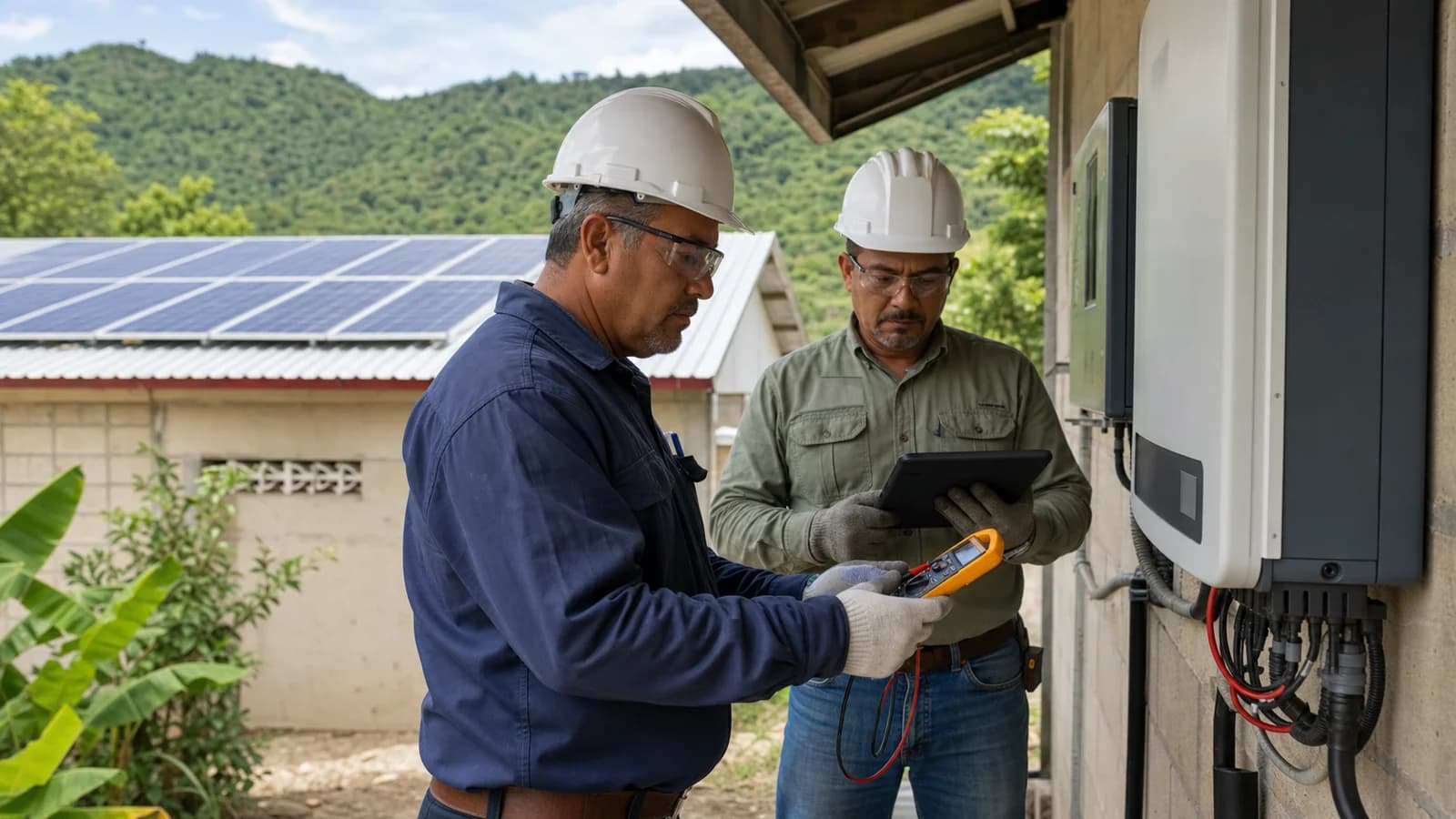 Técnicos hondureños revisando la puesta en marcha de un inversor solar
